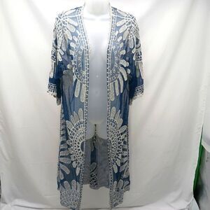 Rebellion Again Boho Duster Open Front  Blue White Kimono Sheer Embriodery Large